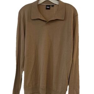 Boss Brown Textured Knit Polo Sweater Medium Cotton Blend Long Sleeve Luxury